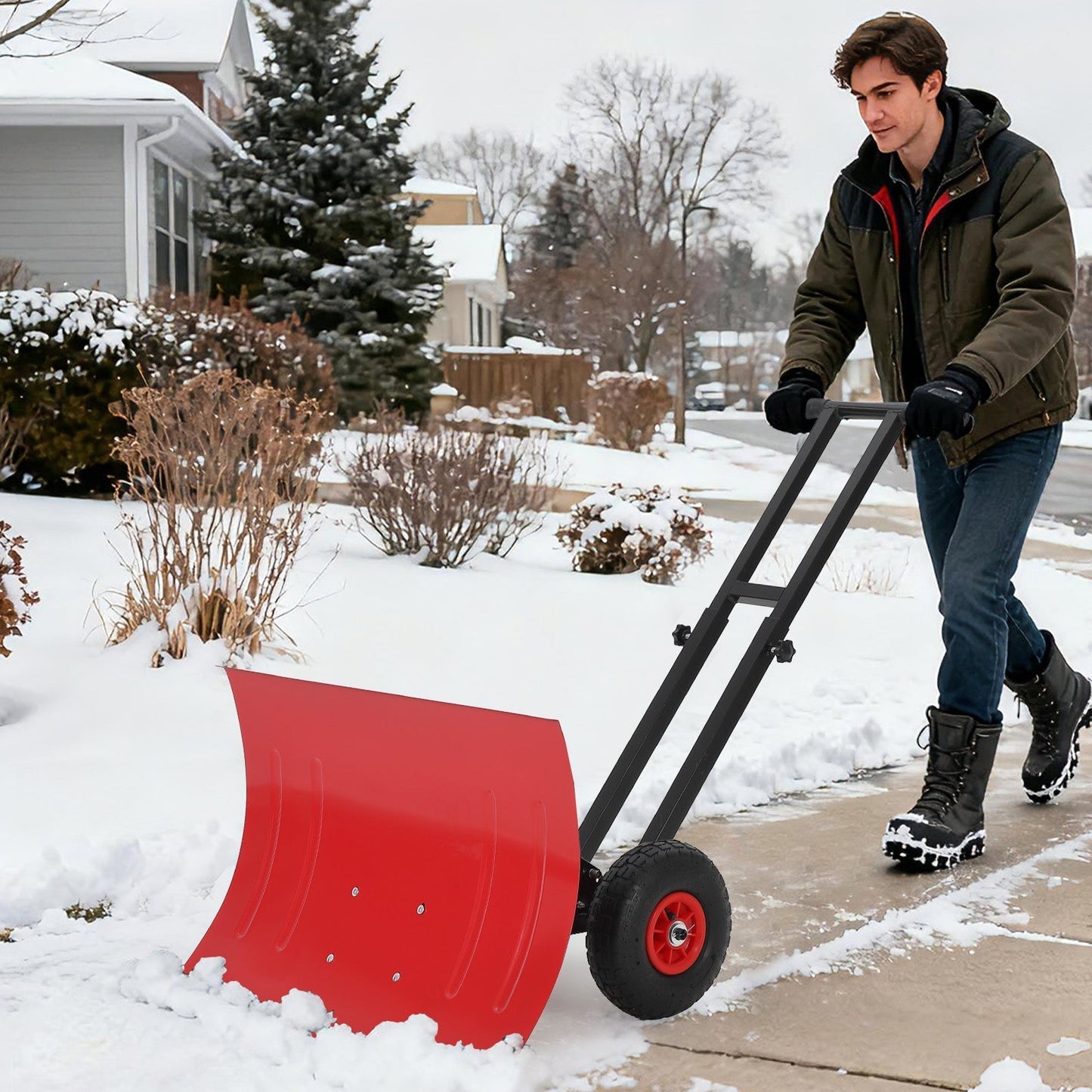 29"W X 19.8"H Snow Shovel with 7-Position Angled Blade & Adjustable Handle, Heavy Duty Metal Snow Pusher Shovel with Wheels for Driveway, Doorway, Sidewalk, Pavement