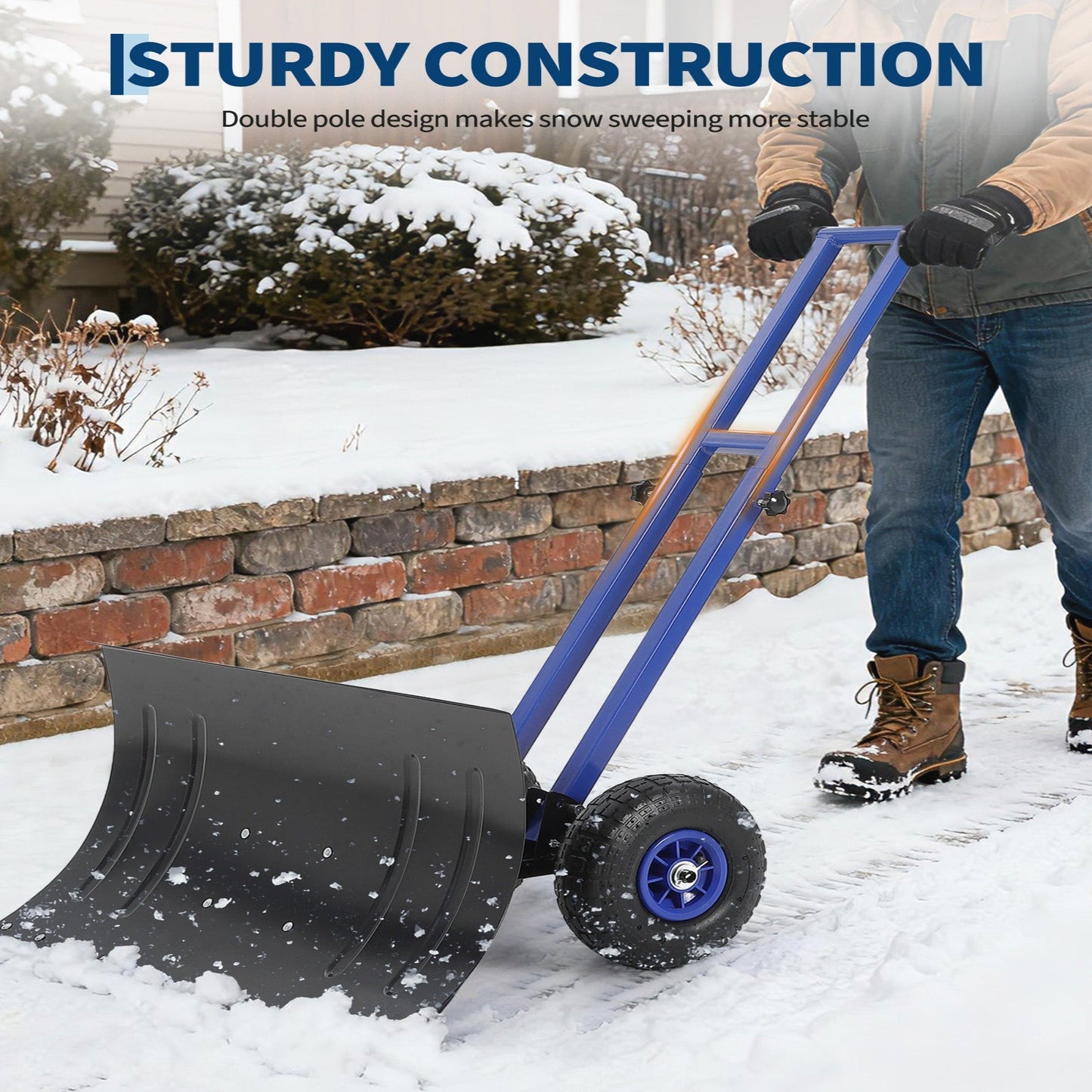 29"W X 16"H Snow Shovel with Wheels Heavy Duty Carbon Steel 29" Metal Blade Adjustable Handle & Angle Anti-Slip Pneumatic Wheels for Driveways Sidewalks