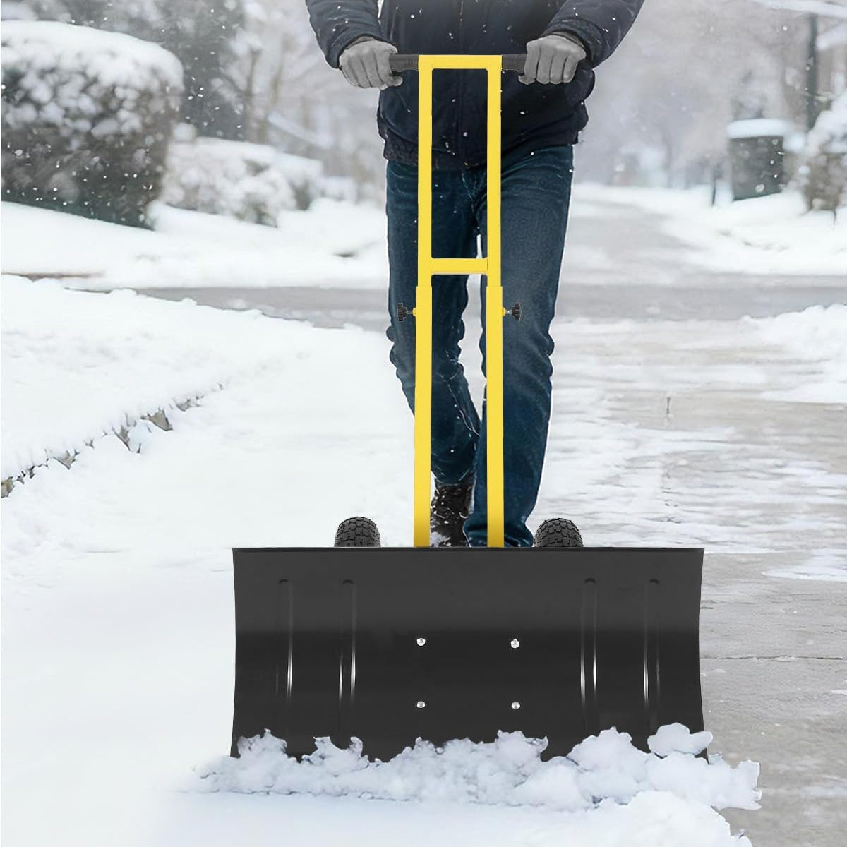 29"W X 19.8"H Snow Shovel with Wheels Carbon Steel 29" Metal Blade Adjustable Handle & Angles Double Rod Design Anti-Slip Grip for Driveways Sidewalks Yards