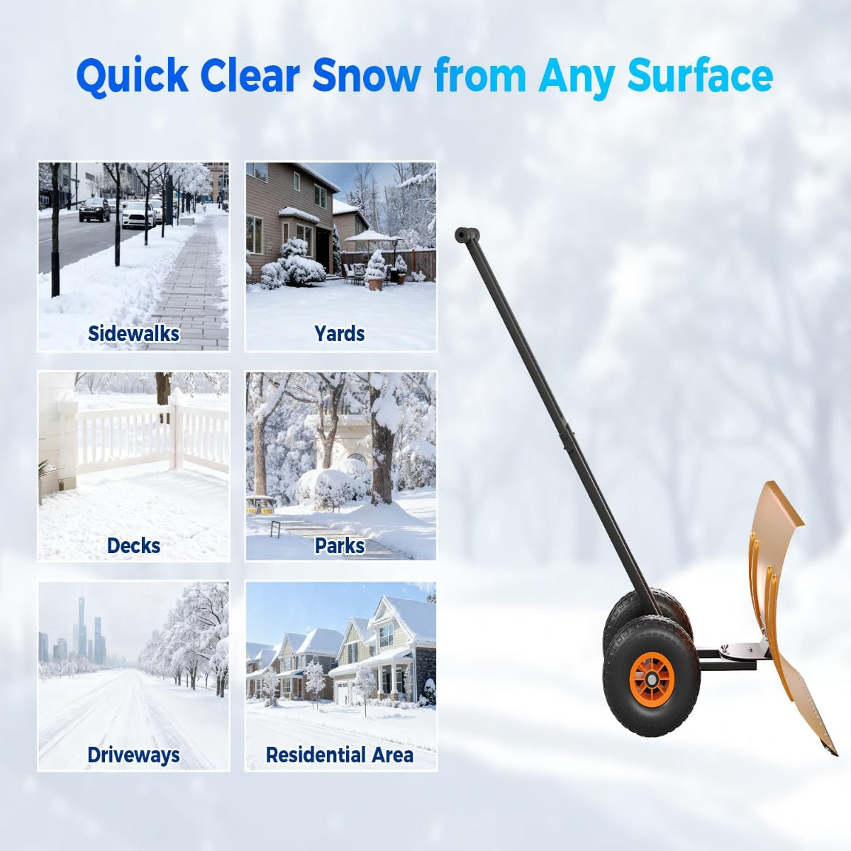 29"W X 19"H Snow Pusher Shovel with Wheels - Heavy Duty Steel, 5-Position Adjustable Blade, Ergonomic Handle, Anti-Skid Wheels, Powder-Coated, Orange, for Driveway & Sidewalk