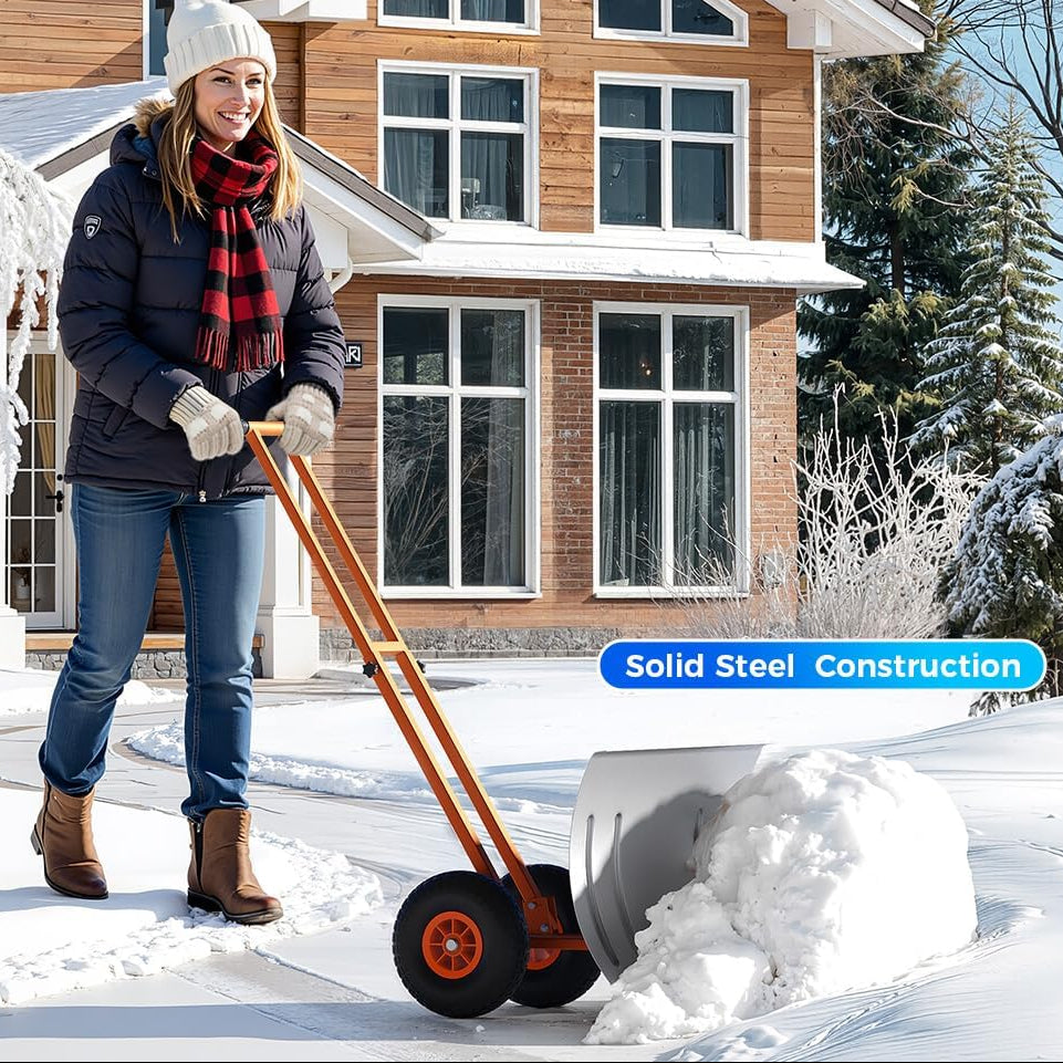 29"W X 19.68"H Snow Pusher Shovel with Wheels,Heavy Duty Steel Snow Shovel with Wheels,Angled Blade Efficient Snow Removal With5-Position Angled Blade & Adjustable Handle for Doorway, Sidewalk,Sliver