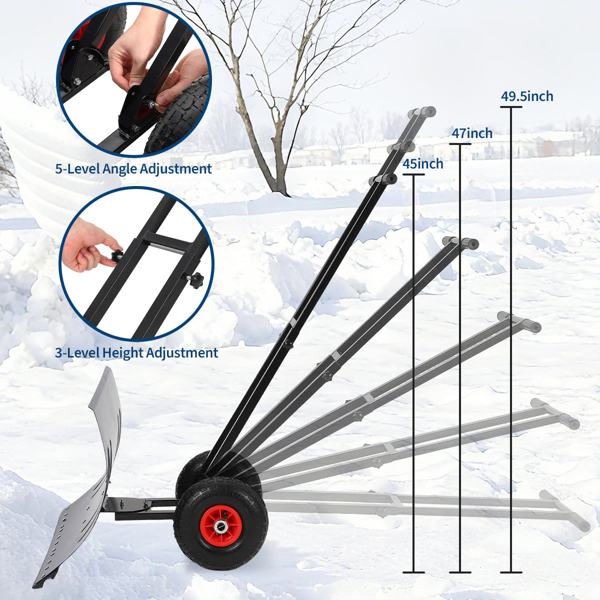 29"W X 20"H Metal Snow Shovel for Driveway, Large Ergonomic Snow Pusher Shovel with Wheels & Adjustable Angle Blade, Perfect for Doorway, Sidewalk & Garden, Navy Blue