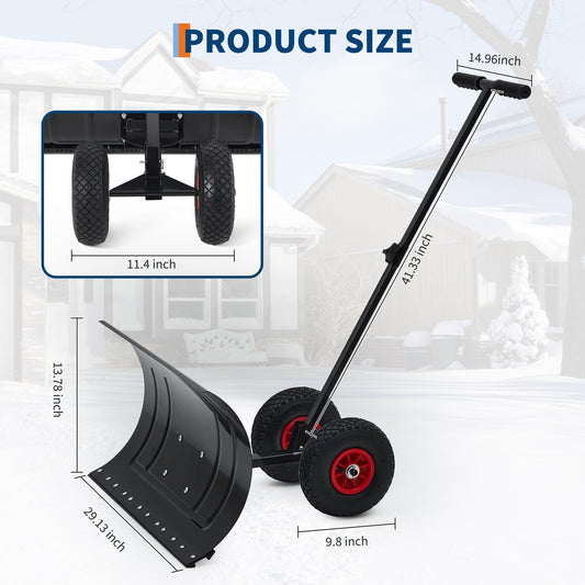 29" Snow Shovel with Wheels Heavy Duty Push Snow Plow Shovel, Adjustable Handle, Angled Blade, Efficient Snow Removal for Pavement