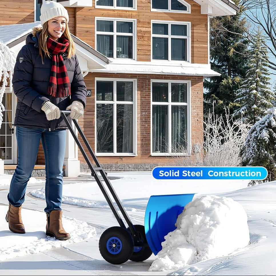 29"W X 20"H Snow Pusher Shovel with Wheels,Heavy Duty Steel Snow Shovel with Wheels,Angled Blade Efficient Snow Removal With5-Position Angled Blade & Adjustable Handle for Doorway, Sidewalk