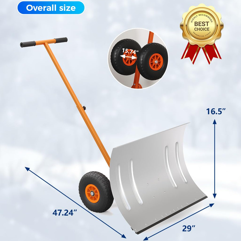 29"W X 16.5"H Heavy Duty Metal Snow Shovel with Wheels – Wide Angled Blade – 5-Level Adjustable Ergonomic Handle – Back-Saving Snow Pusher for Driveways, Sidewalks, Yards – Silver with Orange-Yellow Handle and Wheels