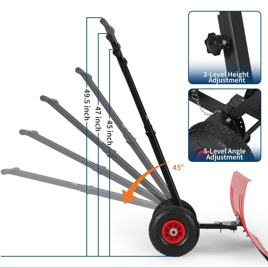29"W X 16.5"H Snow Pusher Shovel with Wheels,Heavy Duty Steel Snow Shovel with Wheels,Angled Blade Efficient Snow Removal With5-Position Angled Blade & Adjustable Handle for Doorway, Sidewalk