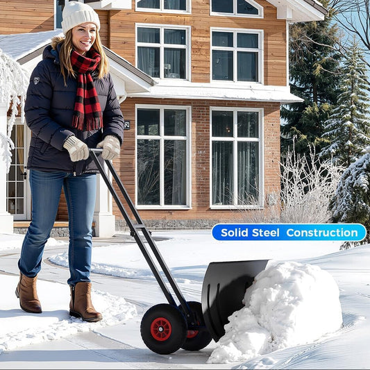 29"Snow Pusher Shovel with Wheels,Heavy Duty Steel Snow Shovel with Wheels,Angled Blade Efficient Snow Removal With5-Position Angled Blade & Adjustable Handle for Doorway, Sidewalk