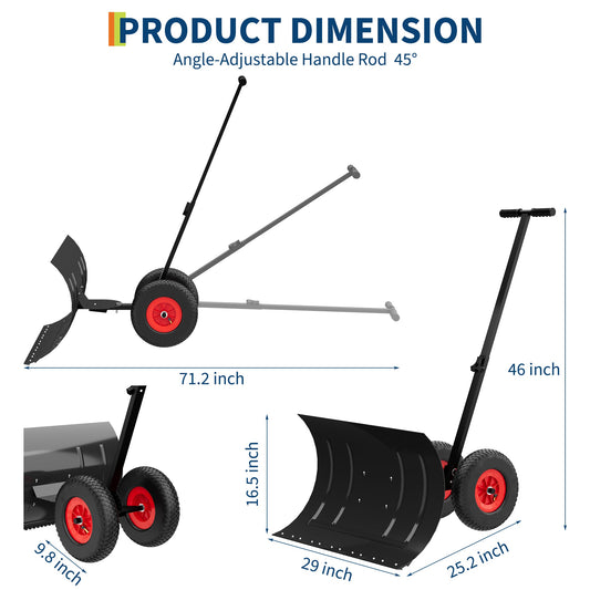 29" W x 16.5" H Heavy-Duty Wheeled Snow Pusher Shovel - Adjustable Handle Height & Blade Angle for Effortless Driveway & Pavement Snow Removal
