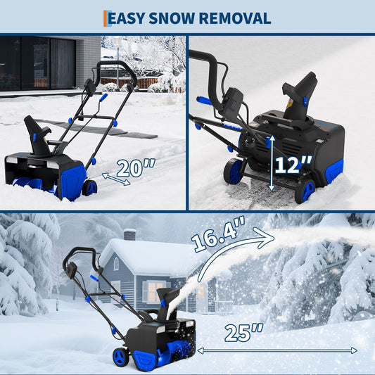 20" Electric Snow Blower Brushless Motor 1800W 180° Adjustable Chute Waterproof All-Terrain Wheels 2 LED Lights Driveways Walkways