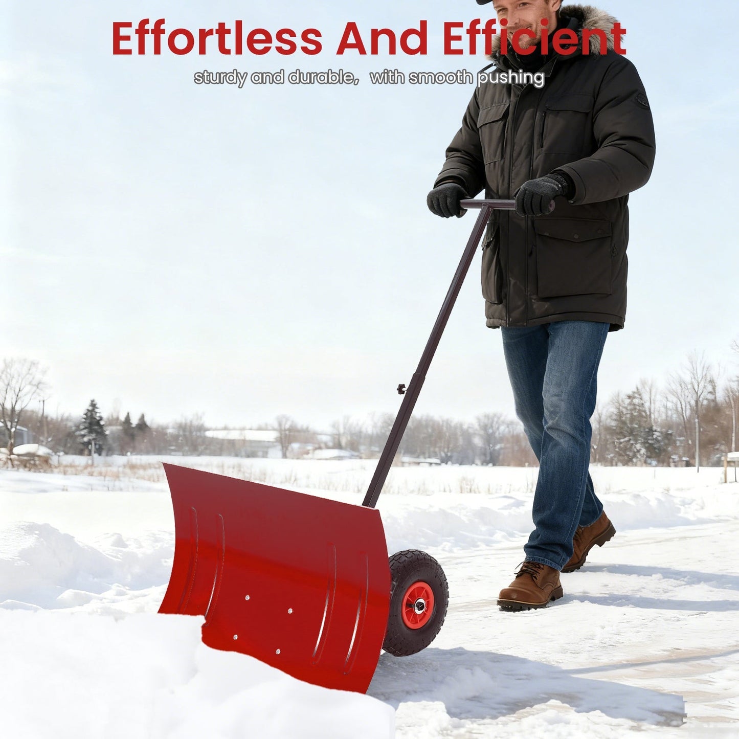 29"W X 20"H Snow Shovel with Wheels for Driveway Adjustable Snow Pusher with 5-Position Angle & Height Handle, Ergonomic Back-Saving Snow Removal Tool for Sidewalks, Yards & Patios - Red