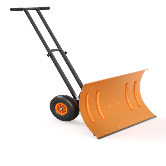 29"W X 19"H Snow Pusher Shovel with Wheels - Heavy Duty Steel, 5-Position Adjustable Blade, Ergonomic Handle, Anti-Skid Wheels, Powder-Coated, Orange, for Driveway & Sidewalk