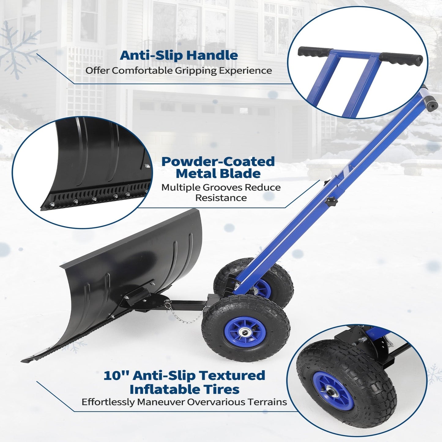 29"W X 16"H Snow Shovel with Wheels Heavy Duty Carbon Steel 29" Metal Blade Adjustable Handle & Angle Anti-Slip Pneumatic Wheels for Driveways Sidewalks