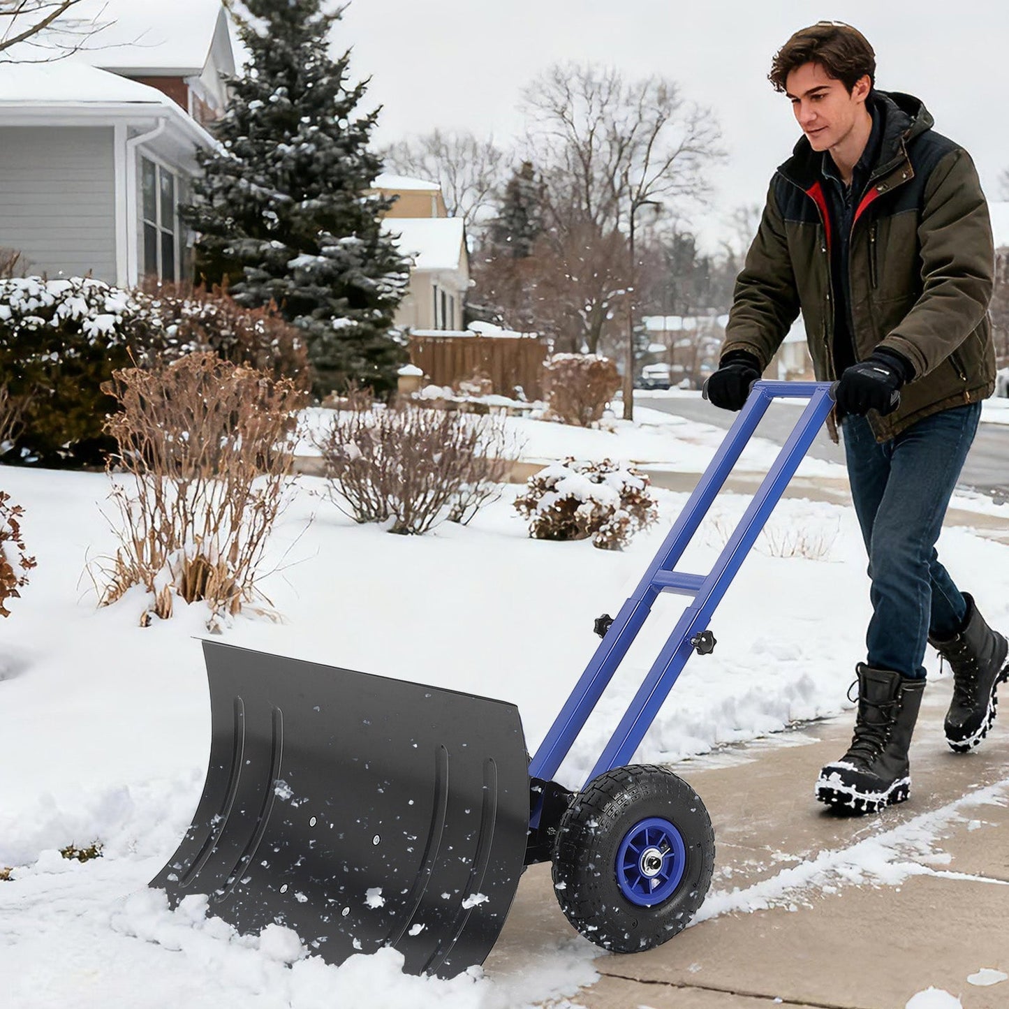 29"W X 16"H Snow Shovel with Wheels Heavy Duty Carbon Steel 29" Metal Blade Adjustable Handle & Angle Anti-Slip Pneumatic Wheels for Driveways Sidewalks