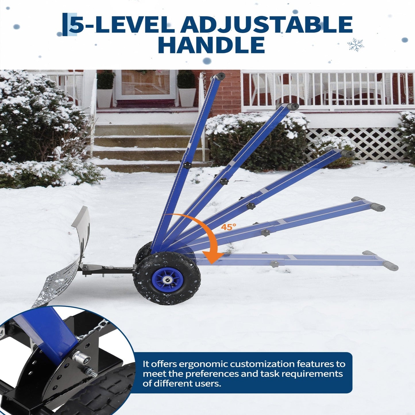29"W X 16"H Snow Shovel with Wheels Heavy Duty Carbon Steel 29" Metal Blade Adjustable Handle & Angle Anti-Slip Pneumatic Wheels for Driveways Sidewalks
