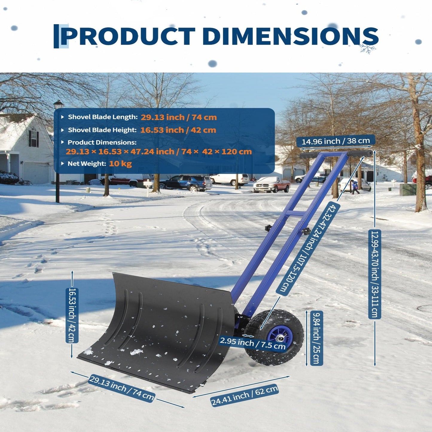 29"W X 16"H Snow Shovel with Wheels Heavy Duty Carbon Steel 29" Metal Blade Adjustable Handle & Angle Anti-Slip Pneumatic Wheels for Driveways Sidewalks