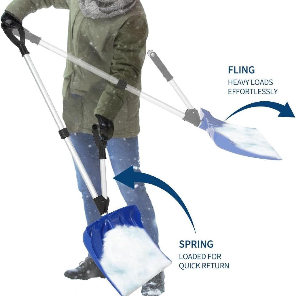 17.7"W X 12.6"H Ergonomic Snow Shovel – Aluminum-Edged Blade with Assisted D-Ring Handle – Lightweight Snow Pusher for Patio, Garden, Yard – Blue Shovel with Silver Pole