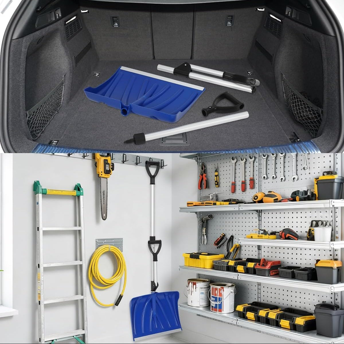 17.7"W X 12.6"H Ergonomic Snow Shovel – Aluminum-Edged Blade with Assisted D-Ring Handle – Lightweight Snow Pusher for Patio, Garden, Yard – Blue Shovel with Silver Pole