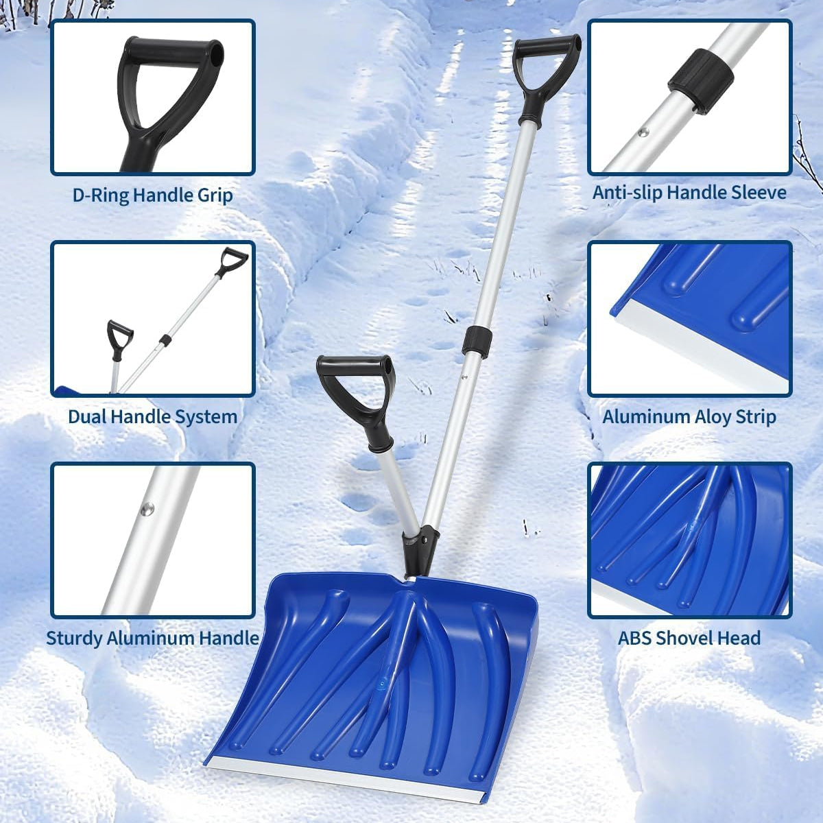 17.7"W X 12.6"H Ergonomic Snow Shovel – Aluminum-Edged Blade with Assisted D-Ring Handle – Lightweight Snow Pusher for Patio, Garden, Yard – Blue Shovel with Silver Pole