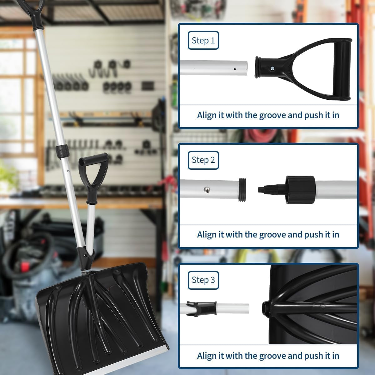 17.7"W X 12.6"H Ergonomic Dual D-Ring Snow Shovel – 18" Wide Blade with Aluminum Edge – Lightweight Snow Removal Tool for Driveway, Walkway, Car, Yard – Black Shovel with Silver Rod