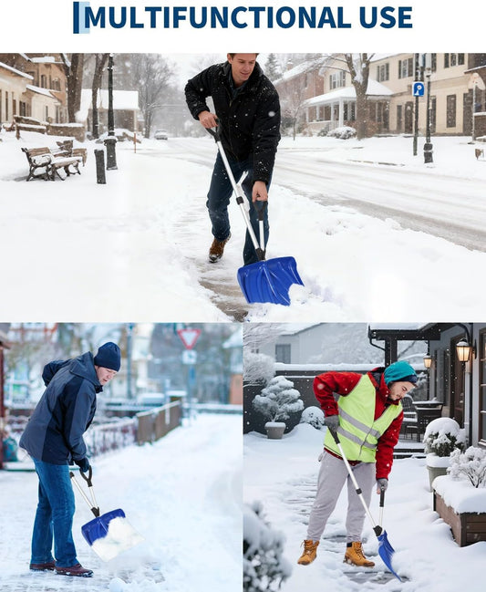 17.7"W X 12.6"H Ergonomic Snow Shovel – Aluminum-Edged Blade with Assisted D-Ring Handle – Lightweight Snow Pusher for Patio, Garden, Yard – Blue Shovel with Silver Pole