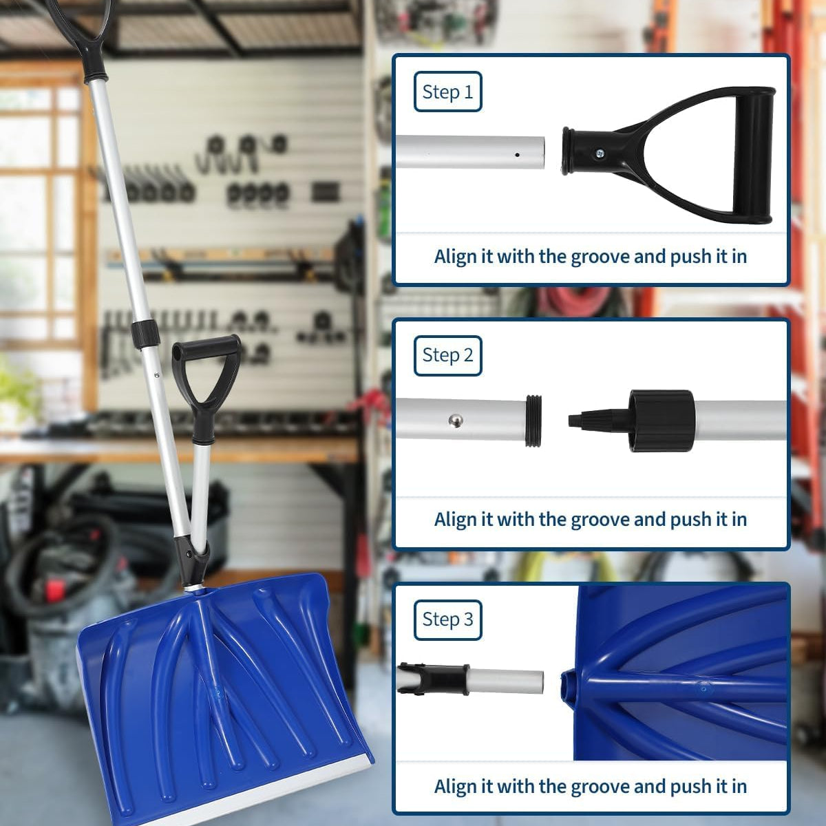 17.7"W X 12.6"H Ergonomic Snow Shovel – Aluminum-Edged Blade with Assisted D-Ring Handle – Lightweight Snow Pusher for Patio, Garden, Yard – Blue Shovel with Silver Pole