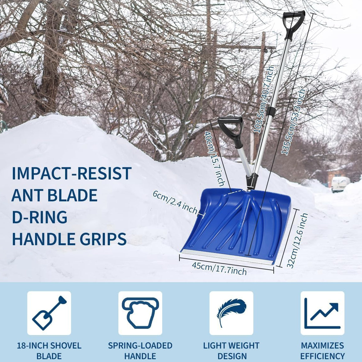 17.7"W X 12.6"H Ergonomic Snow Shovel – Aluminum-Edged Blade with Assisted D-Ring Handle – Lightweight Snow Pusher for Patio, Garden, Yard – Blue Shovel with Silver Pole