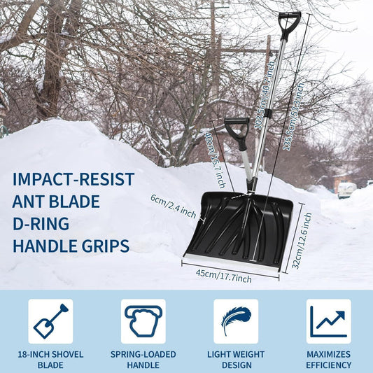 17.7"W X 12.6"H Ergonomic Dual D-Ring Snow Shovel – 18" Wide Blade with Aluminum Edge – Lightweight Snow Removal Tool for Driveway, Walkway, Car, Yard – Black Shovel with Silver Rod