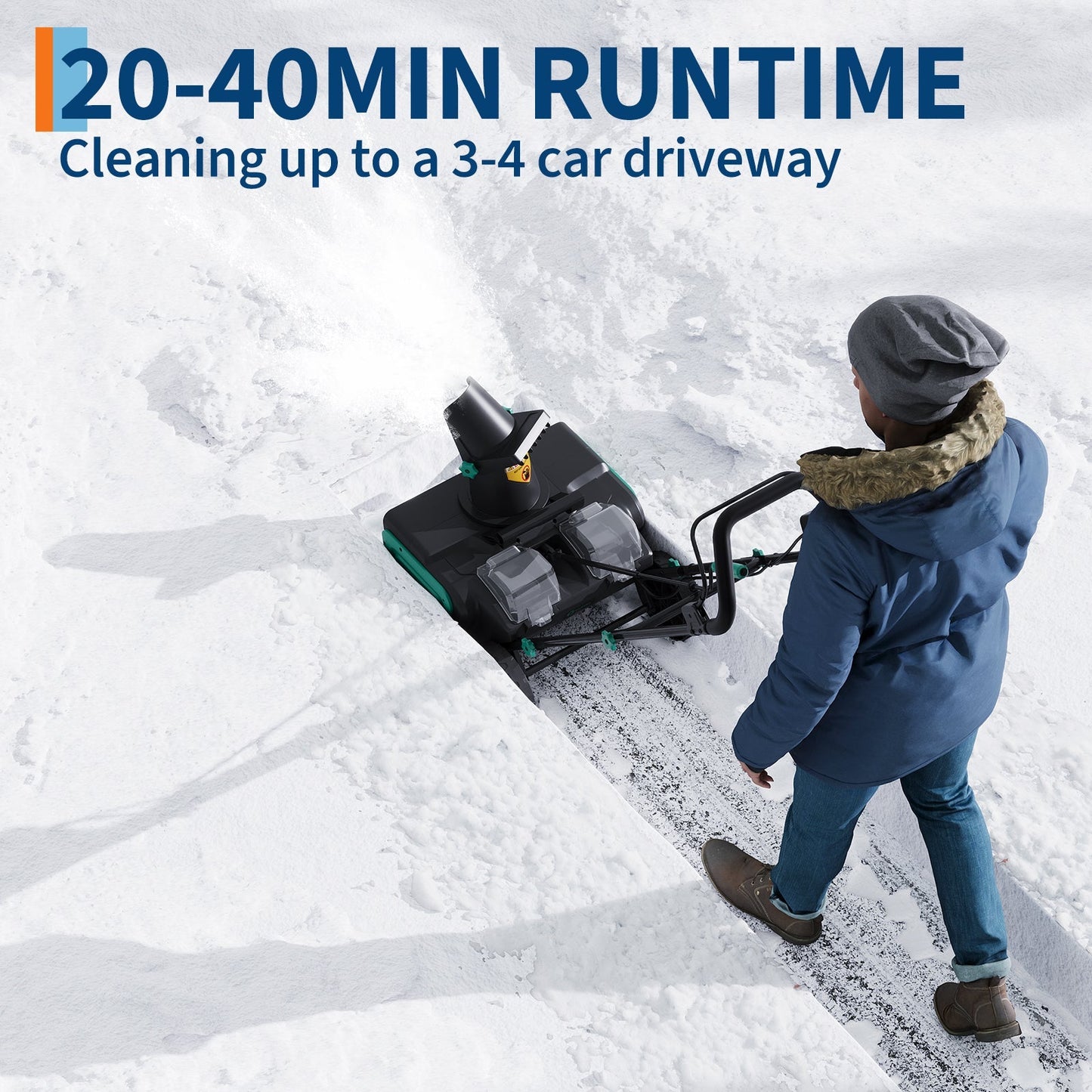 20" Cordless Electric Snow Blower- 40V 4.0Ah Battery Powerful Motor 19.6FT Throw Distance Lightweight Maneuverable for Driveways Patios Sidewalks
