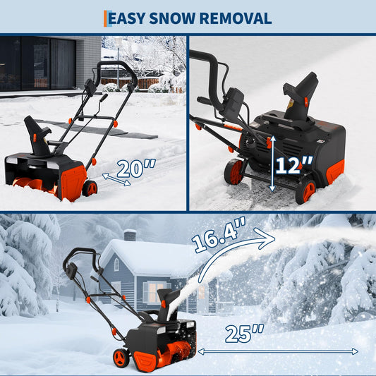20-Inch Electric Snow Blower Brushless Motor 1800W 180° Adjustable Chute Waterproof All-Terrain Wheels 2 LED Lights Driveways Walkways