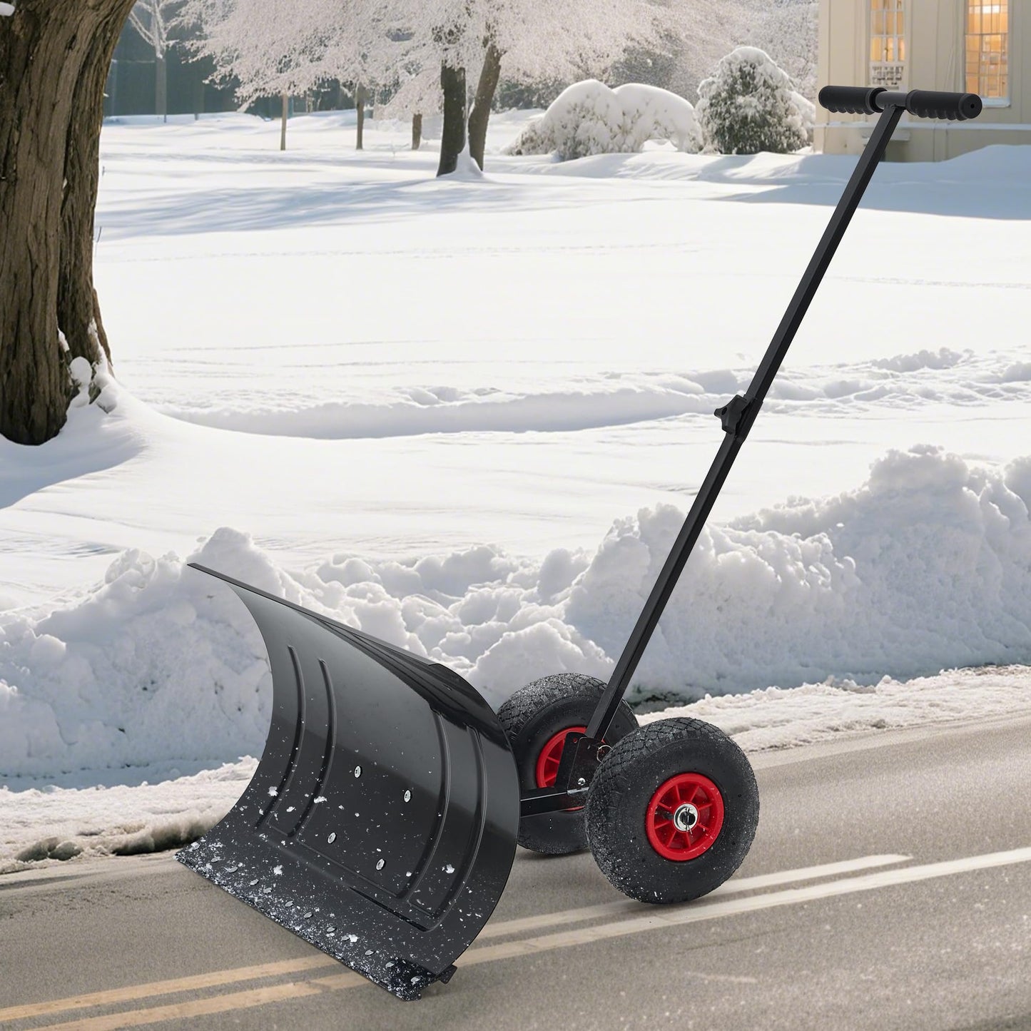 29" Snow Shovel with Wheels Heavy Duty Push Snow Plow Shovel, Adjustable Handle, Angled Blade, Efficient Snow Removal for Pavement