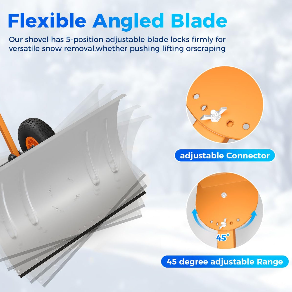 29"W X 16.5"H Heavy Duty Metal Snow Shovel with Wheels – Wide Angled Blade – 5-Level Adjustable Ergonomic Handle – Back-Saving Snow Pusher for Driveways, Sidewalks, Yards – Silver with Orange-Yellow Handle and Wheels