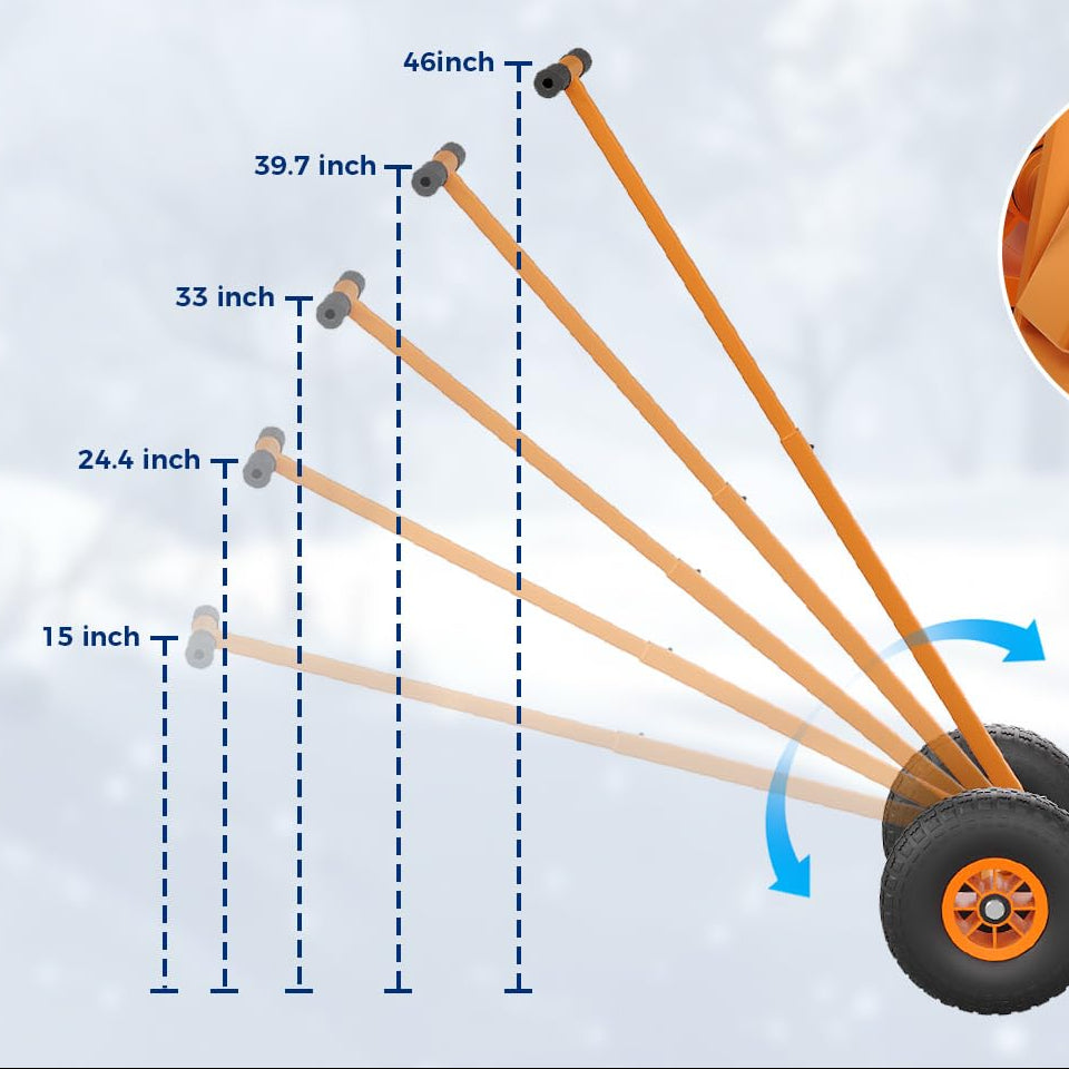 29"W X 16.5"H Heavy Duty Metal Snow Shovel with Wheels – Wide Angled Blade – 5-Level Adjustable Ergonomic Handle – Back-Saving Snow Pusher for Driveways, Sidewalks, Yards – Silver with Orange-Yellow Handle and Wheels
