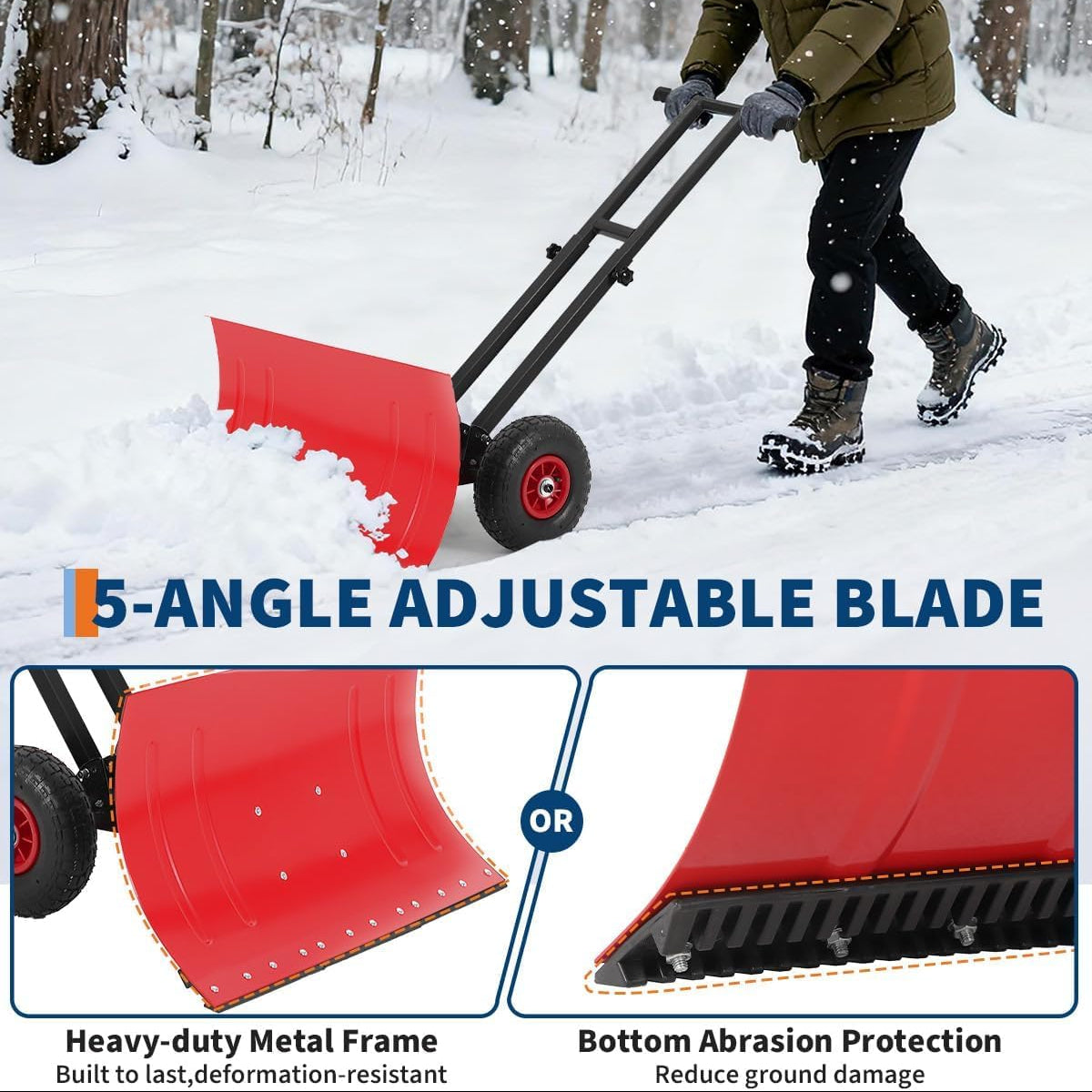 29"W X 16.5"H Snow Pusher Shovel with Wheels,Heavy Duty Steel Snow Shovel with Wheels,Angled Blade Efficient Snow Removal With5-Position Angled Blade & Adjustable Handle for Doorway, Sidewalk