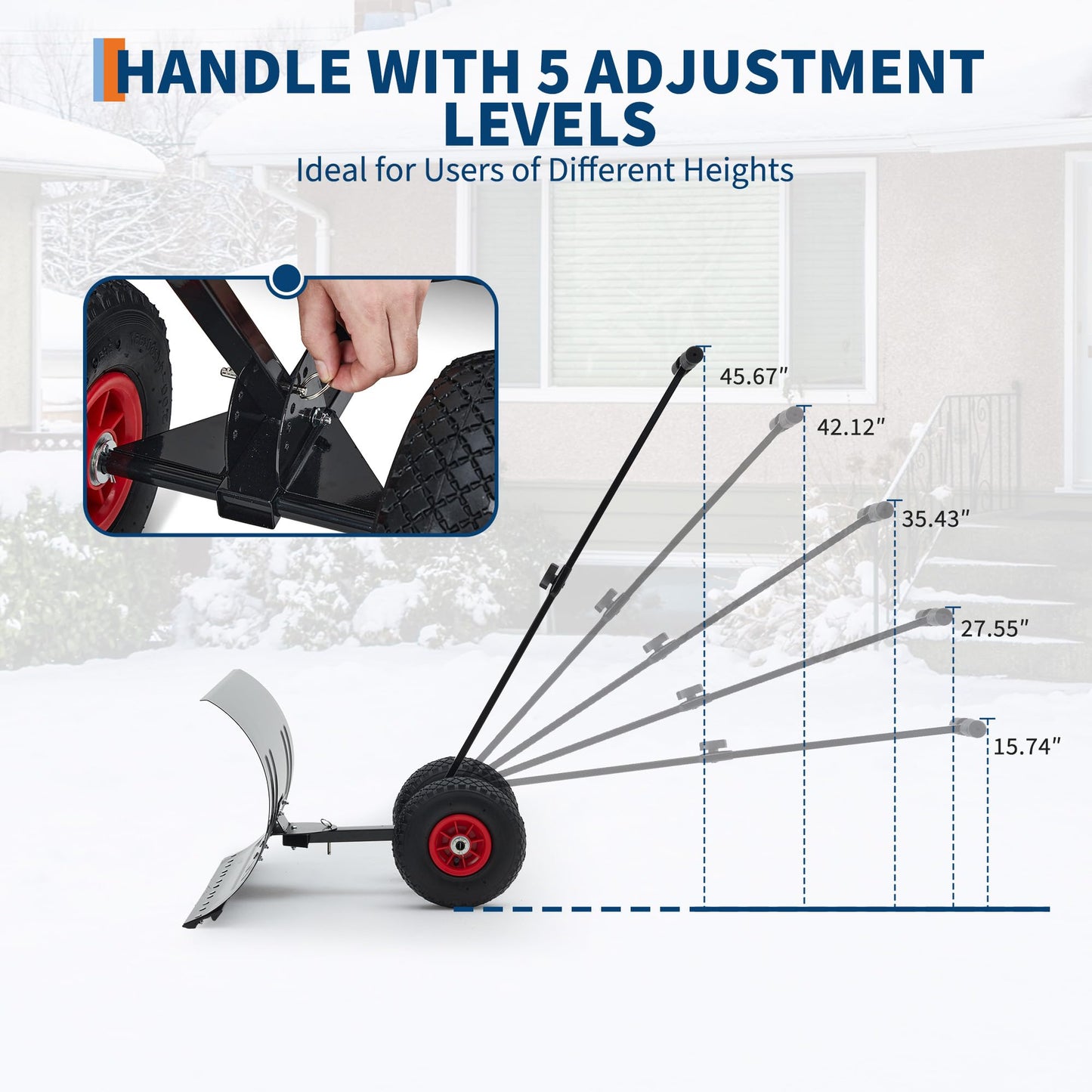 29" Snow Shovel with Wheels Heavy Duty Push Snow Plow Shovel, Adjustable Handle, Angled Blade, Efficient Snow Removal for Pavement