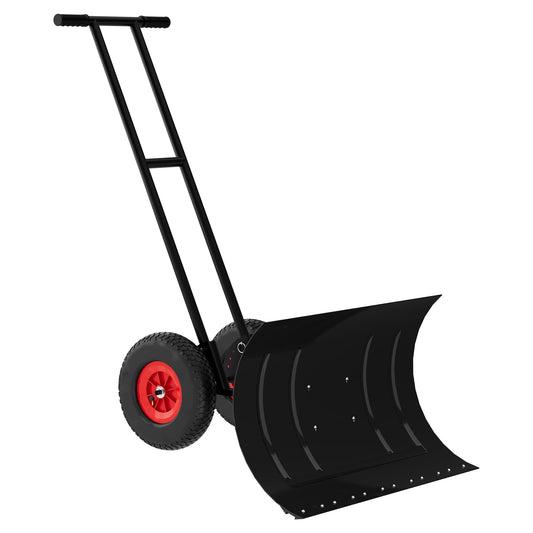 29" x 16.5" Snow Shovel Pusher with Wheels, Adjustable Angle & Height Handle, Metal Blade, Ergonomic Double Rod, for Driveway Snow Removal