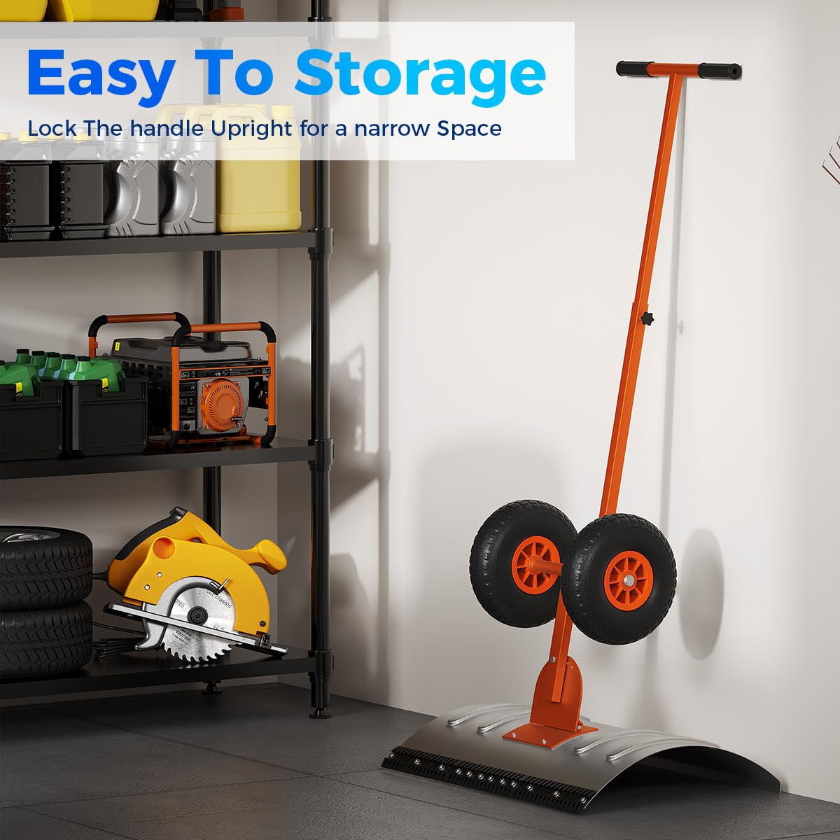 29"W X 16.5"H Heavy Duty Metal Snow Shovel with Wheels – Wide Angled Blade – 5-Level Adjustable Ergonomic Handle – Back-Saving Snow Pusher for Driveways, Sidewalks, Yards – Silver with Orange-Yellow Handle and Wheels