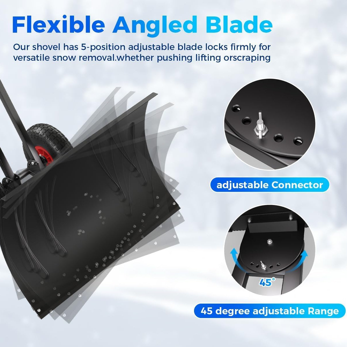 29"Snow Pusher Shovel with Wheels,Heavy Duty Steel Snow Shovel with Wheels,Angled Blade Efficient Snow Removal With5-Position Angled Blade & Adjustable Handle for Doorway, Sidewalk