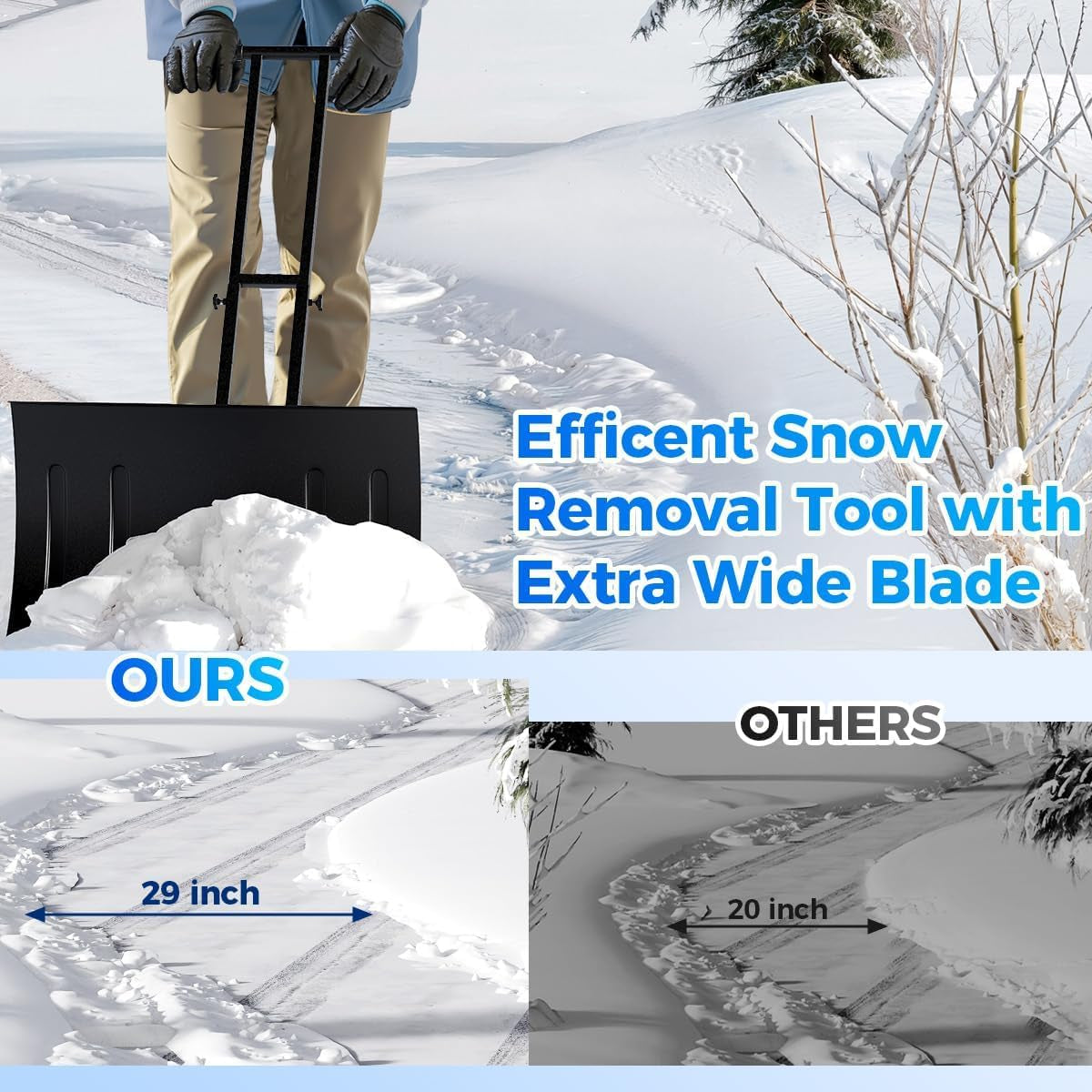 29"Snow Pusher Shovel with Wheels,Heavy Duty Steel Snow Shovel with Wheels,Angled Blade Efficient Snow Removal With5-Position Angled Blade & Adjustable Handle for Doorway, Sidewalk