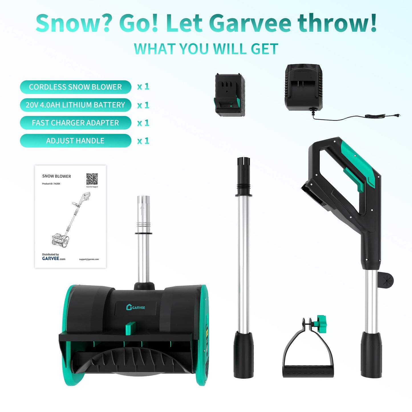 12" Cordless Battery Powered Snow Blower - 20V Lightweight with Ergonomic Handle, Detachable Design for Steps and Decks