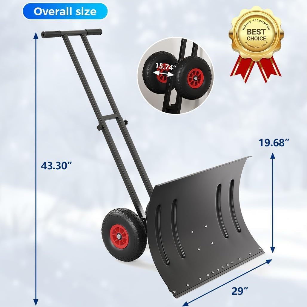 29"Snow Pusher Shovel with Wheels,Heavy Duty Steel Snow Shovel with Wheels,Angled Blade Efficient Snow Removal With5-Position Angled Blade & Adjustable Handle for Doorway, Sidewalk
