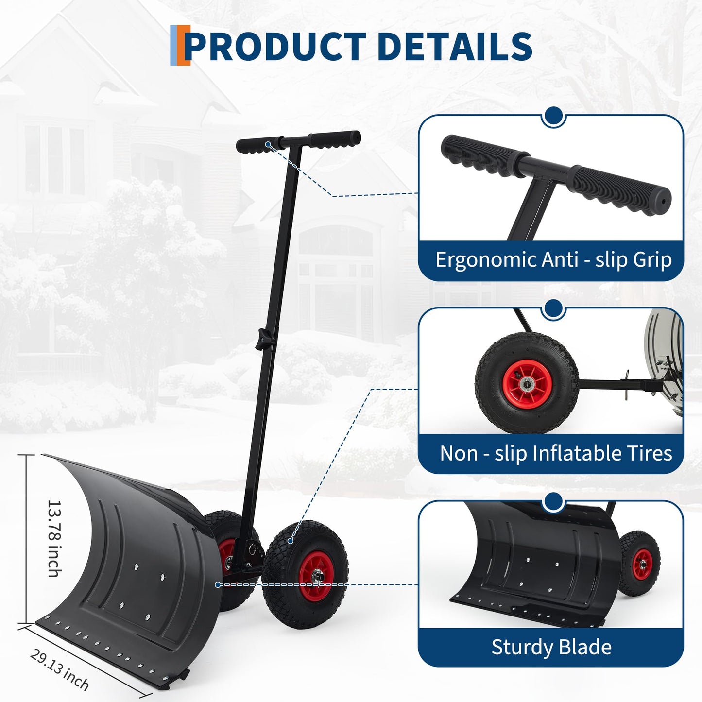 29" Snow Shovel with Wheels Heavy Duty Push Snow Plow Shovel, Adjustable Handle, Angled Blade, Efficient Snow Removal for Pavement
