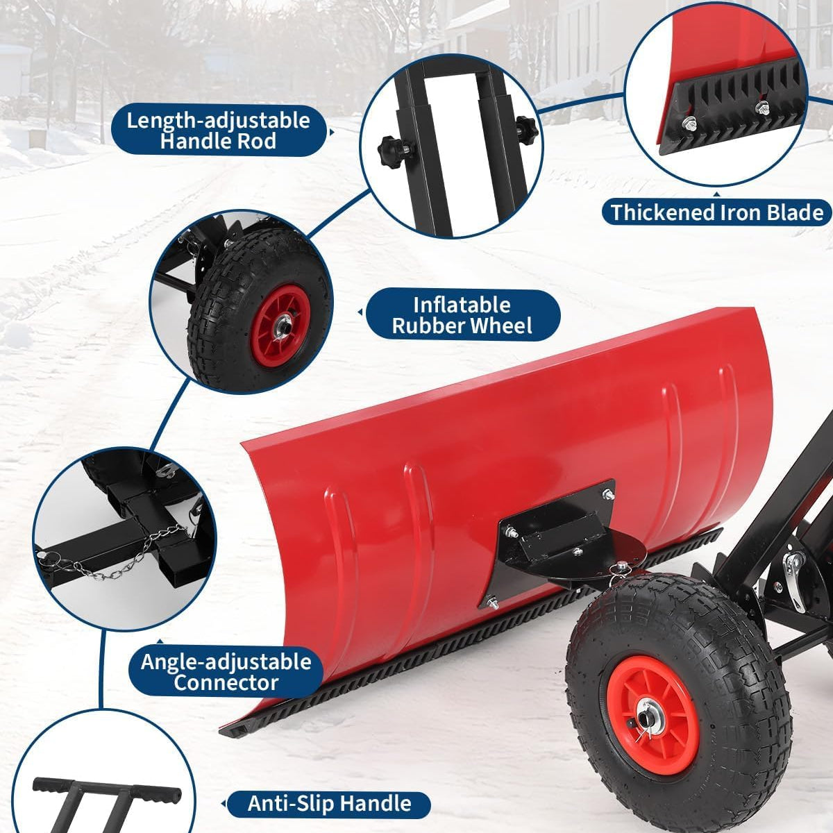 29"W X 16.5"H Snow Pusher Shovel with Wheels,Heavy Duty Steel Snow Shovel with Wheels,Angled Blade Efficient Snow Removal With5-Position Angled Blade & Adjustable Handle for Doorway, Sidewalk