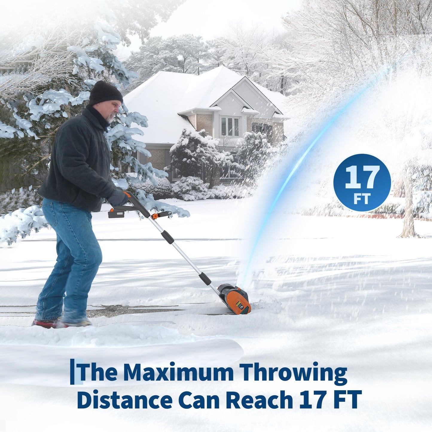 12" Cordless Battery Powered Snow Blower - 20V Lightweight with Ergonomic Handle, Detachable Design for Steps and Decks, Blue