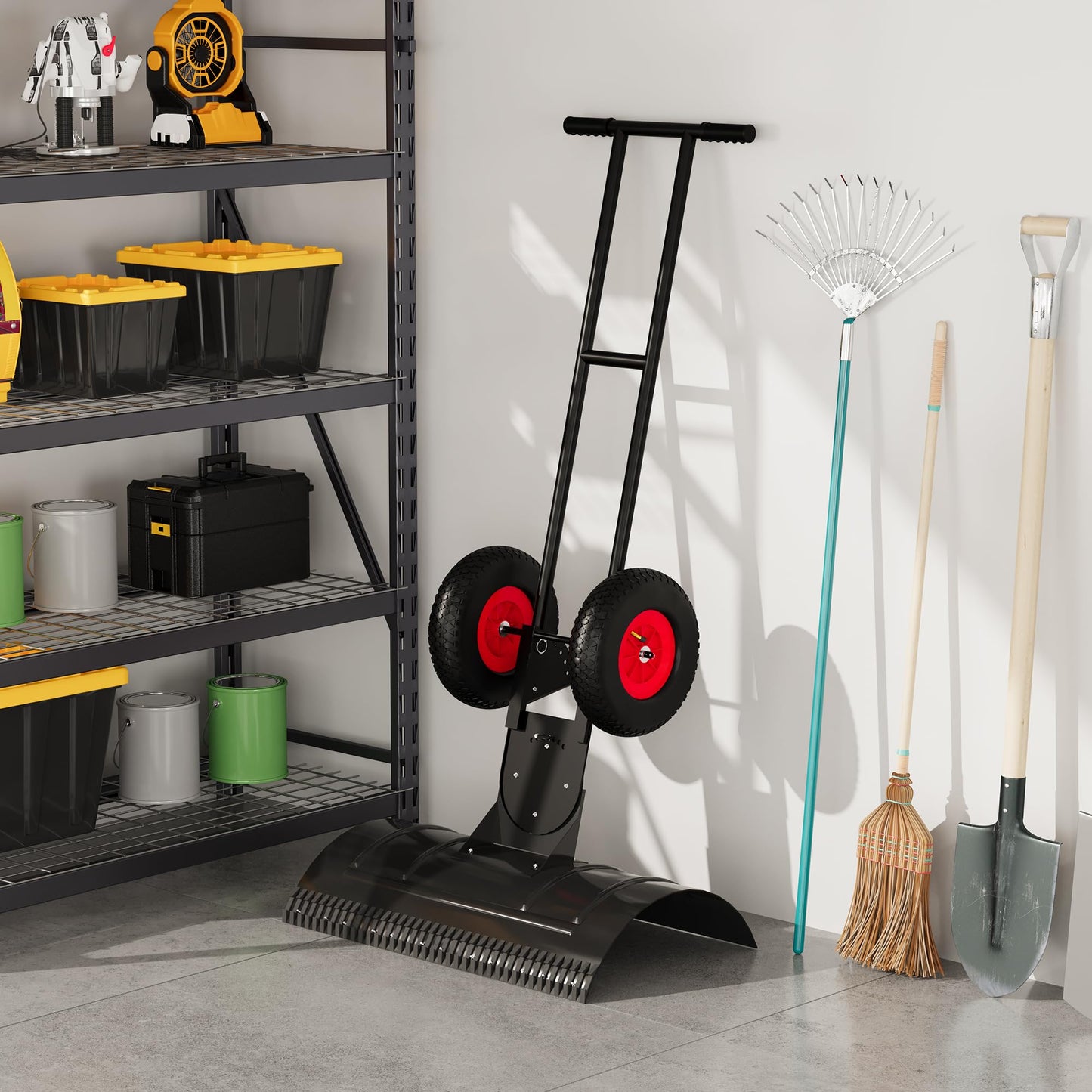 29" x 16.5" Snow Shovel Pusher with Wheels, Adjustable Angle & Height Handle, Metal Blade, Ergonomic Double Rod, for Driveway Snow Removal