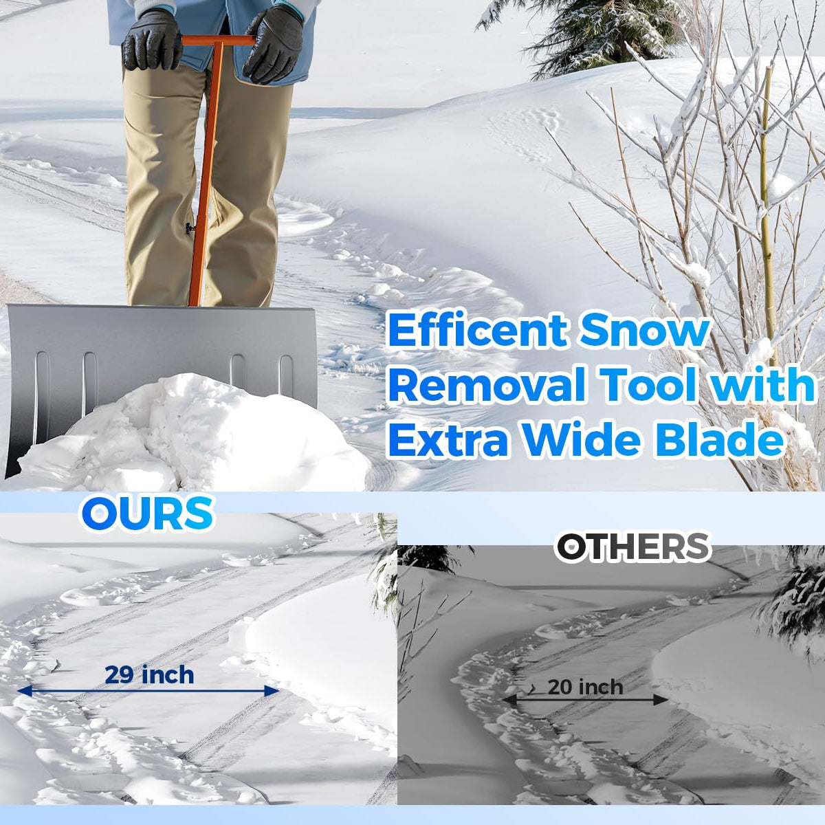 29"W X 16.5"H Heavy Duty Metal Snow Shovel with Wheels – Wide Angled Blade – 5-Level Adjustable Ergonomic Handle – Back-Saving Snow Pusher for Driveways, Sidewalks, Yards – Silver with Orange-Yellow Handle and Wheels