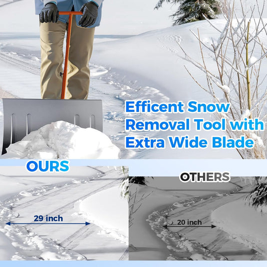 29"W X 16.5"H Heavy Duty Metal Snow Shovel with Wheels – Wide Angled Blade – 5-Level Adjustable Ergonomic Handle – Back-Saving Snow Pusher for Driveways, Sidewalks, Yards – Silver with Orange-Yellow Handle and Wheels