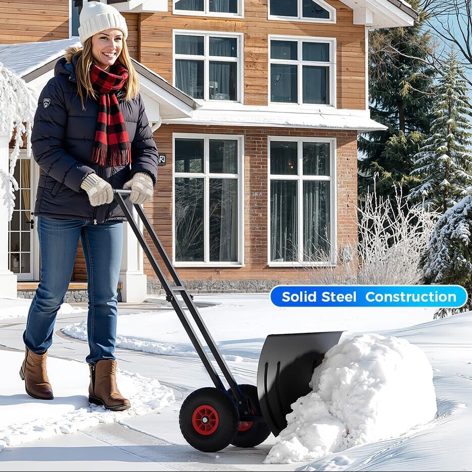 29"Snow Pusher Shovel with Wheels,Heavy Duty Steel Snow Shovel with Wheels,Angled Blade Efficient Snow Removal With5-Position Angled Blade & Adjustable Handle for Doorway, Sidewalk