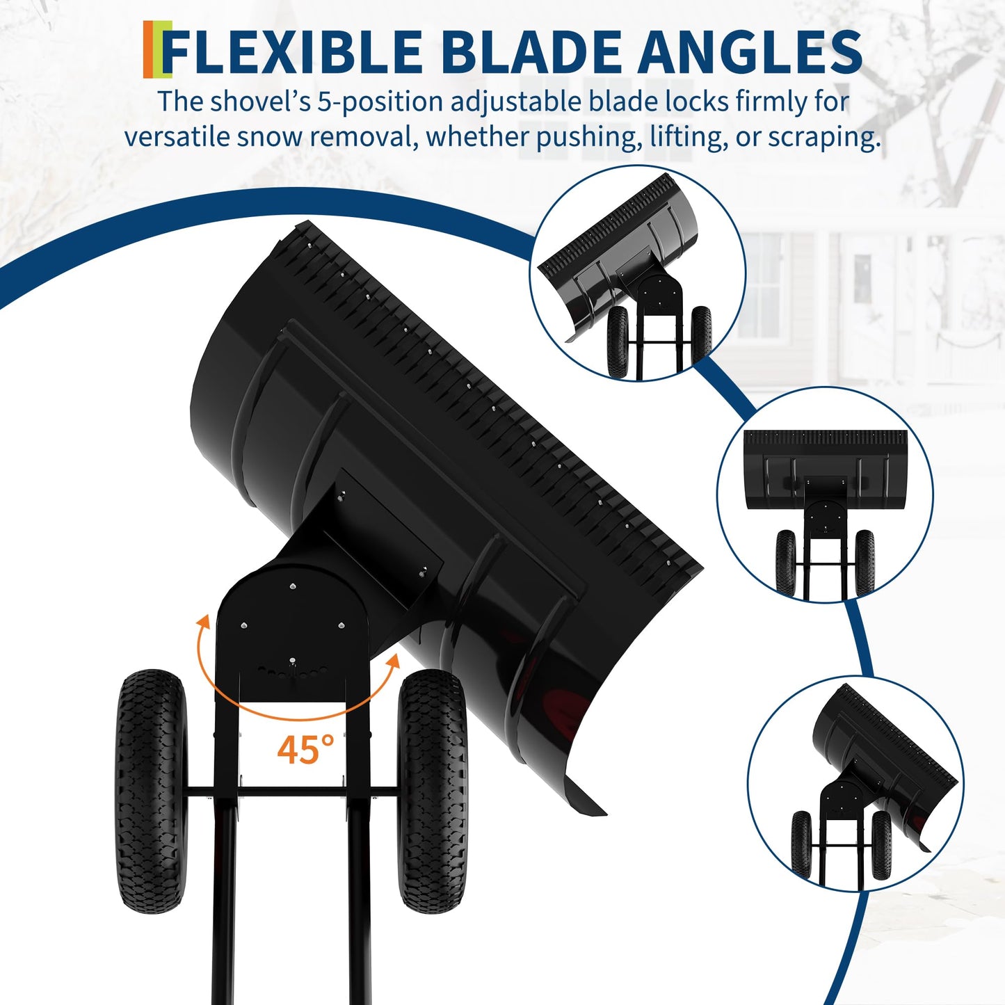 29" x 16.5" Snow Shovel Pusher with Wheels, Adjustable Angle & Height Handle, Metal Blade, Ergonomic Double Rod, for Driveway Snow Removal