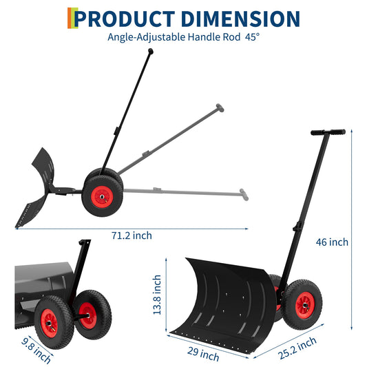 29" x 14" Snow Shovel with Wheels, Snow Pusher, Cushioned Adjustable Angle Handle Snow Removal Tool