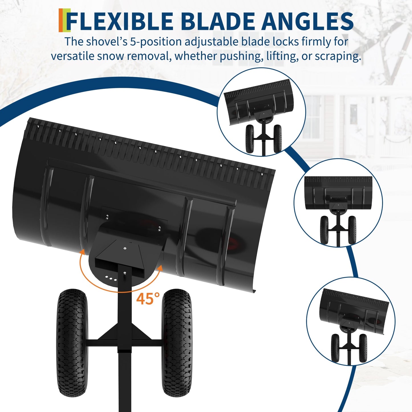 29" W x 16.5" H Heavy-Duty Wheeled Snow Pusher Shovel - Adjustable Handle Height & Blade Angle for Effortless Driveway & Pavement Snow Removal